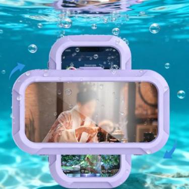 Imagem de Capa de telefone impermeável roxa translúcida para chuveiro, suporte de telefone dobrável para tela sensível ao toque com rotação de 360°, caixa protetora Aqua Play montável na parede