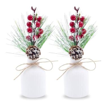 Imagem de Vaso Decorativo - Conjunto Elegante 2 Vasos Natalinos 9.5x7cm | Com Pinha e Galhos Nevados para Decoração de Sala e Mesa de Natal(Garrafinha)