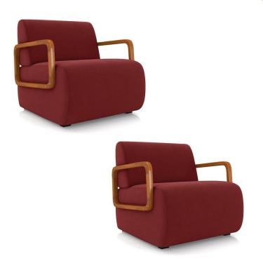 Imagem de Poltrona Sala De Estar Braço De Madeira Kit 2 Hellen Veludo Vermelho K01 - D'rossi