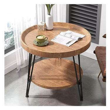 Imagem de Mesa lateral redonda para sofá, mesa de cabeceira pequena, mesa de cabeceira para ambientes internos e externos, bandeja de madeira com suporte de metal para sala de estar, quarto, escritório, espaços