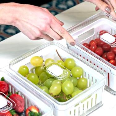 Imagem de Caixa Organizadora Geladeira com Escorredor Interno Caixa Plástica para Legumes, Frutas e Saladas