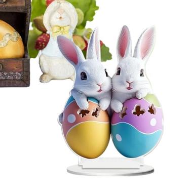 Imagem de Estatueta de coelhinho da Páscoa - Decoração de ovo de coelho da Páscoa em acrílico 2D de desenho animado - Decoração de casa de 20 cm, estatuetas de coelho, ornamentos de mesa à prova d'água para