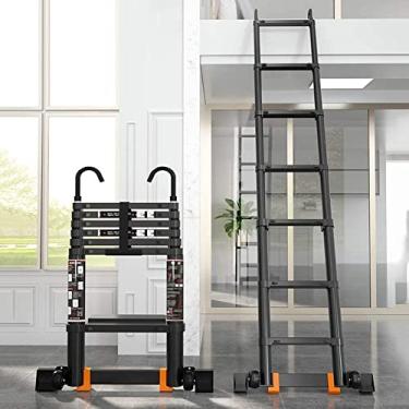 Imagem de OKUOKA Escada de extensão telescópica de 3 m/4 m/5 m/6 m de altura com ganchos removíveis, escadas telescópicas pretas para loft interno, bricolage e edifício externo (tamanho: 2,3 m/7,5 pés)