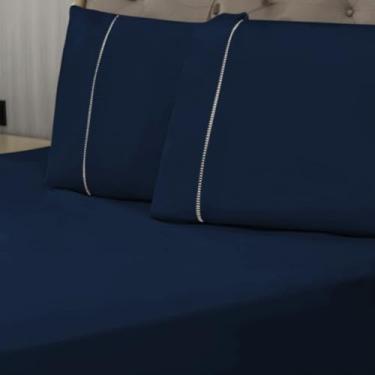 Imagem de Jogo De Lençol 02 e 03 Peças 400 Fios Macio Micropercal Ponto Palito Solteiro Casal Queen King (Azul,Queen)