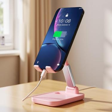 Imagem de Suporte dobrável para celular, altura de ângulo ajustável/suporte de telefone portátil adequado para todos os smartphones (rosa)