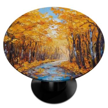 Imagem de hongjinglin Toalha de mesa redonda com borda elástica floresta dourada outono toalha de mesa redonda limpa para decoração de cozinha de 114 a 127 cm