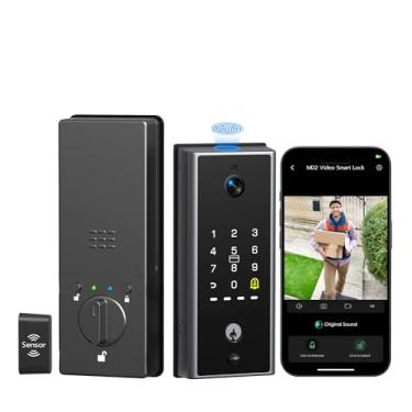 Imagem de Anweller Fechadura inteligente com câmera, fechadura de porta de entrada sem chave com impressão digital para porta da frente, Wi-Fi integrado, bateria de 10.000 mAh, sensor de porta, teclado de