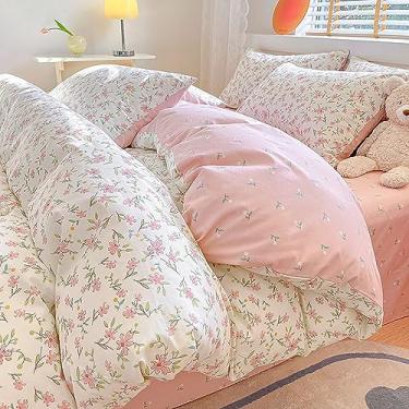 Imagem de EAVD Jogo de cama floral chique para meninas, solteiro, GG, algodão, rosa, branco, jardim, floral, com 2 fronhas, capa de edredom botânica fofa com fecho de zíper