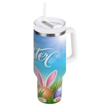 Imagem de ATTX Copo de coelho de ovos de Páscoa em aquarela de 850 g com alça, copo de aço inoxidável a vácuo de parede dupla com palha, caneca de café de viagem isolada #222