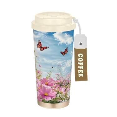 Imagem de SEHANY Caneca de viagem borboleta e flores de 482 ml Copos de café reutilizáveis revestidos de cerâmica com tampa à prova de vazamento, parede dupla, isolamento a vácuo, copo de café de aço inoxidável