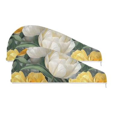 Imagem de SEHANY Toalha de cabelo de microfibra de flores coloridas elegantes para mulheres, 2 peças, turbantes de cabelo de secagem rápida com botão, touca de cabelo seco absorvente toalha de secagem de cabelo