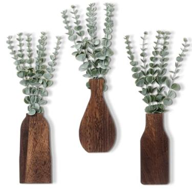 Imagem de Kathfly 3 peças de plantador de parede de madeira com eucalipto artificial rústico casa de fazenda arte de parede decoração de madeira pendurado boho casa de fazenda decoração de vegetação interna