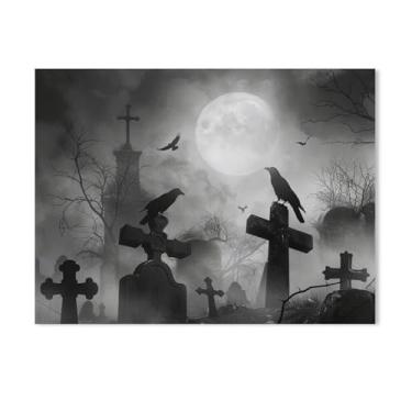 Imagem de HouLaiZhe Pôster de Halloween Lápide Lua Corvo Impressão de Arte de Parede Decorações de Halloween Decoração de Parede Estética Gótica para Sala de Estar Quarto 18 x 24 polegadas (45 x 60 cm)