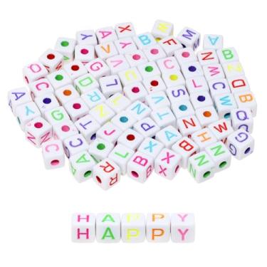 Imagem de Tupalizy 100 peças de contas quadradas de letras acrílicas contas do alfabeto A-Z pingentes de cubo para pulseiras, joias, chaveiro, caneta, colar, cadarços, artesanato faça você mesmo, presente de