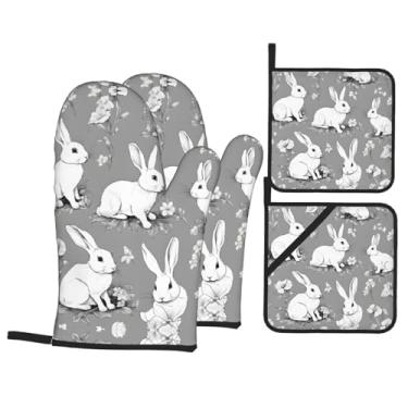 Imagem de Conjunto de luvas de cozinha com estampa floral Bunny com suportes de tampa, luvas de forno resistentes ao calor para manusear panelas quentes, grelhar, churrascos, kit de 4 peças.