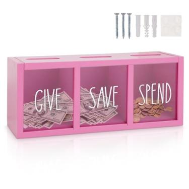 Imagem de Himitimi Cofrinho de madeira para crianças, gaste poupe, dê dinheiro, caixa de economia de moeda visualizada e caixa econômica para crianças, meninos, meninas e adultos (suporte de bancada e parede