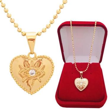 Imagem de Colar Gargantilha Corrente e Pingente de Coração Olho Grego Zircônias 