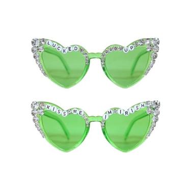 Imagem de Gliquran 2 peças de óculos de sol Dia de São Patrício Kiss Me I'm Irish Óculos de sol verde em forma de coração da sorte strass acessórios de São Patrício