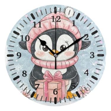 Imagem de CEBUGI Lindo pinguim relógio de parede operado a bateria relógios redondos silenciosos sem tique-taque relógios de parede para cozinha, banheiro, quarto, escritório, decoração 25,4 cm