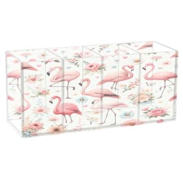 Imagem de Burbuja Porta-canetas de acrílico floral flamingo rosa, 4 compartimentos, suporte de lápis transparente para pincéis de maquiagem, acessórios de mesa de escritório em casa
