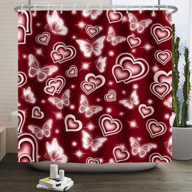 Imagem de ASDCXZ Cortina de chuveiro vermelha Y2k para dia dos namorados cortina de chuveiro de coração borboleta branca decoração de banheiro anos 2000 cortinas para o dia das mães tecido impermeável com