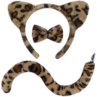 Imagem de Beviliu Tiara feminina com orelhas de oncinha com orelhas de guepardo, faixa de cabelo com estampa de leopardo para festa de aniversário, Halloween, Natal, lavagem de maquiagem, cosplay