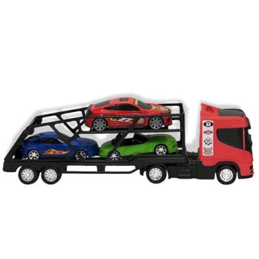 Imagem de Caminhão Cegonheira Grande com 3 Carrinhos, Vermelho, Polipropileno, 54cm de Comprimento, Brinquedo de Transporte