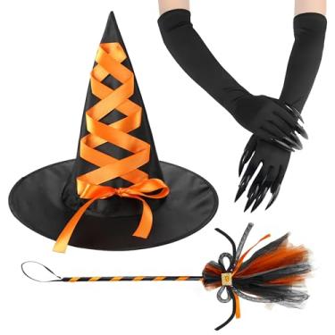 Imagem de KatchOn, Conjunto de fantasia de bruxa de Halloween | chapéu de bruxa, luvas de garra e máscara de coelho | Acessórios de bruxa para mulheres | Decorações de Halloween, Laranja e preto, 15 x 12 inches