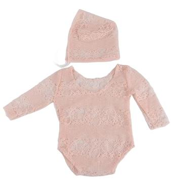 Imagem de Conjunto de macacão de chapéu CUOFYUNL para bebês recém-nascidos, adereços para fotografia infantil, adereços para fotografia de bebês, meninos e meninas (Rosa)