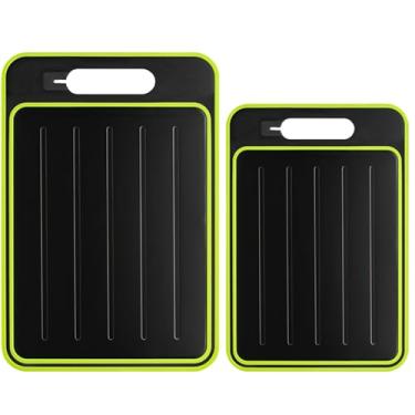 Imagem de Tábua de corte dupla face, 2 peças de tábua de vegetais com pedra de amolar, tamanho grande + tamanho pequeno, aço inoxidável de grau alimentício e material PP palha de trigo, ecológico (preto)