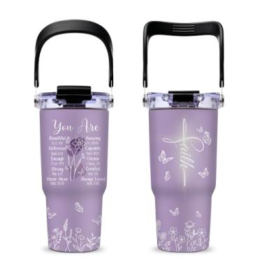 Imagem de Copo de presente cristão para mulheres Faith com alça superior e tampa de canudo dobrável de aço inoxidável 590 ml, presentes religiosos inspiradores para mulheres católicas, ideias de presente de