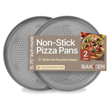 Imagem de Bakken Forma de pizza antiaderente de 40,6 cm, pacote com 2, bandeja redonda de aço carbono com furos perfurados, livre de PFOA, PFOS e PTFE, segura para lava-louças e forno de até 232 °C