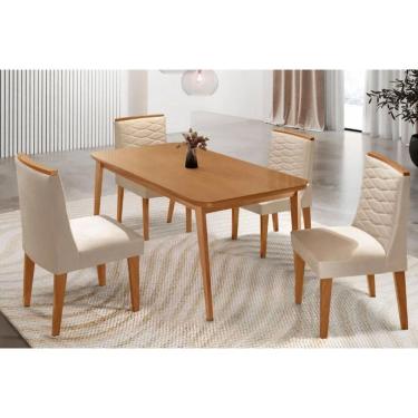 Imagem de Sala Jantar Mesa Havana Tampo Curvo 120cm+4 Cadeiras Maldivas Madeira Naturale - Capuccino/Suede Creme - Rufato