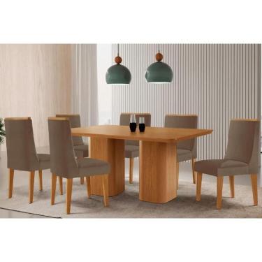 Imagem de Sala Jantar Mesa Maldivas Tampo Curvo 180cm+6 Cadeiras Dakota Madeira Naturale - Capuccino/Suede Capuccino - Rufato