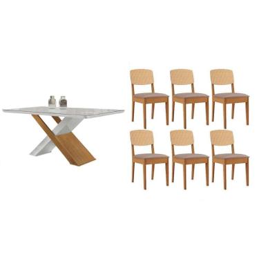 Imagem de Sala Jantar Mesa Imperatriz Tampo c/ Vidro Curvo 180cm+6 Cadeiras Havana Naturale/Off White - Linho Capuccino - Rufato