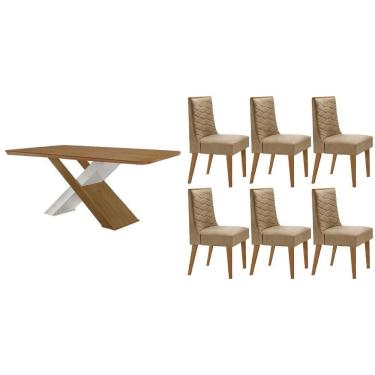 Imagem de Sala Jantar Mesa Imperatriz Tampo Curvo 180cm+6 Cadeiras Dafne Madeira Naturale/Off White - Capuccino/Linho Bege - Rufato