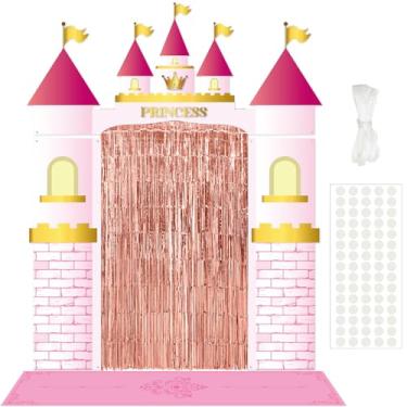 Imagem de VitalCozy 7 peças de decoração de festa de princesa, faixas de varanda de castelo, tapete rosa, cortinas de fundo com franjas para meninas, princesas, aniversário, foto de fundo, porta de entrada