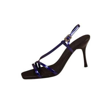 Imagem de Sandália feminina casual envolta com strass fivela de couro envernizado salto dedo do pé primavera verão moda confortável PU, Azul royal, 36