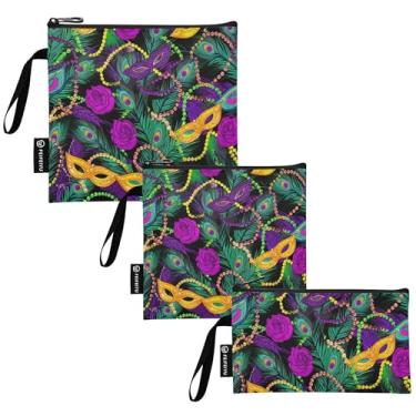 Imagem de Máscara de carnaval colorida dourada roxa lavável saco de lanche e sacos de sanduíche reutilizáveis, sacos de comida com zíper para escola, piquenique, trabalho, viagem (conjunto de 3: P/M/G)