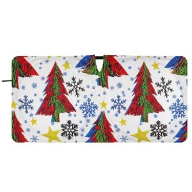 Imagem de Árvore de Natal colorida personalizada flocos de neve para carro para-sol para-brisa engraçado animal dobrável capa de para-brisa automotivo protetor solar, 81 cm x 157 cm