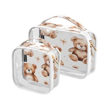 Imagem de GAIGEO Conjunto de 2 sacos de maquiagem transparentes com coruja decorativa na cor azul, sacos de maquiagem de plástico transparente com zíper para viagens, Ursinhos de pelúcia marrons e brancos - 3