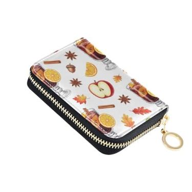 Imagem de Carteira feminina de couro com bloqueio de RFID, porta-moedas, com zíper, aquarela, taças de vinho, maçãs