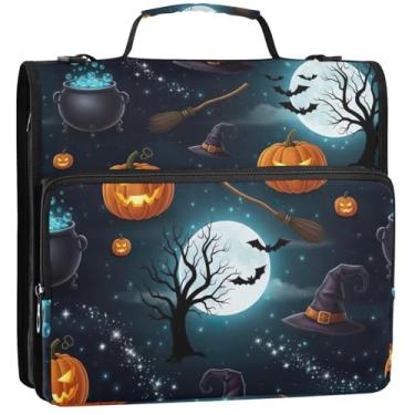 Imagem de Pastas coloridas com 3 anéis de 3 anéis, lanternas brilhantes e resistentes, engraçadas para o Dia das Bruxas, organizador de fichário, estojo de armazenamento com alça para guardar fichário, bolsa