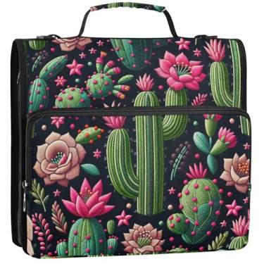 Imagem de Fichários de 3,8 cm, 3 anéis, plantas de cacto divertidas, rosa, organizador de fichários escolares com alça de ombro, vários bolsos, pasta grande para portfólio, 34,5 x 31,5 x 9 cm