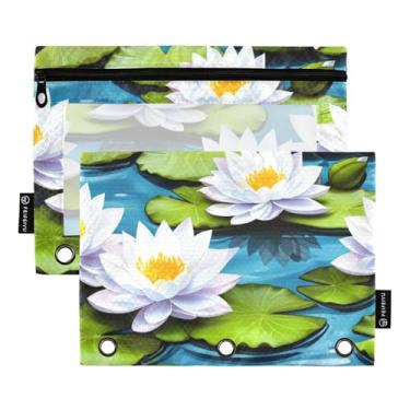 Imagem de GAIGEO Elegante bolsa de lápis com 3 anéis de flores de lótus brancas com zíper, fichários escolares para meninas, bolsos transparentes 25 x 18 cm, 2 pacotes