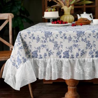 Imagem de Artbloss Toalha de mesa de linho de algodão vintage azul floral casa de fazenda toalha de mesa lavável de renda branca decoração campestre francês para piquenique de festa em casa (azul, 152 x 300 cm)