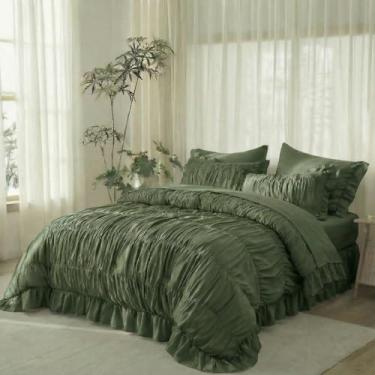 Imagem de Herside Conjunto de capa de edredom queen com babados verde-oliva, franzido boêmio, 3 peças, chique, luxuoso, amassado, babados, conjunto de capa de edredom de microfibra respirável e macia para todas