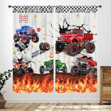 Imagem de Lnepty Cortinas de caminhão para quarto de crianças, trator de chamas vermelhas, caminhão, carro, bandeira de corrida de monstros legais, tratamentos de janela para meninos, berçário, sala de jogos, 2