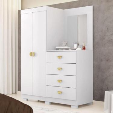 Imagem de Cômoda Roupeiro 2 Portas 4 Gavetas Cristal - Vila Rica, Branco/Camarim