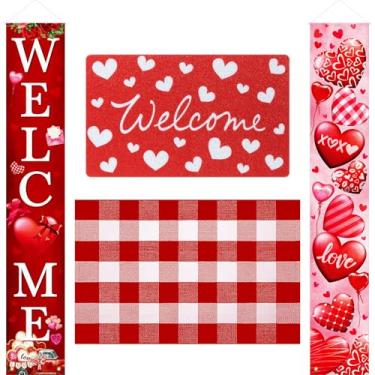 Imagem de Hahafelt 3 peças de tapete de porta de boas-vindas para o dia dos namorados, faixa frontal de Natal, vermelho e branco, buffalo, xadrez, para decoração de férias em ambientes internos e externos
